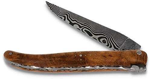 Laguiole en Aubrac Messer 12 cm - Griffschalen Teakholz plein manche - Zisellierte Platine - Damastklinge - Frankreich Taschenmesser