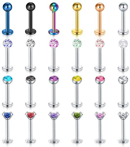 LAURITAMI 24Pcs Stainless Steel Lip Studs Lip Bars Diamond CZ Labret Tragus Ring Helix Earring Body Jewellery Piercing Retainer 16G