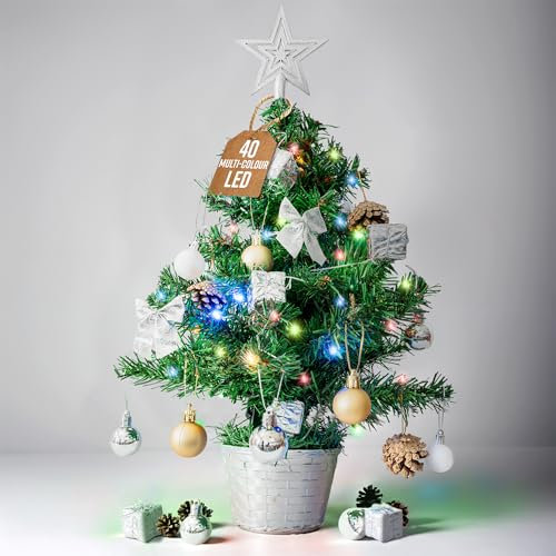 GloBrite Pre-Lit Mini Christmas Tree - 45cm Small Tabletop Tree w/ 40 LED Lights - Battery Powered, Fully Decorated - Perfect for Desk, Bedroom, Table