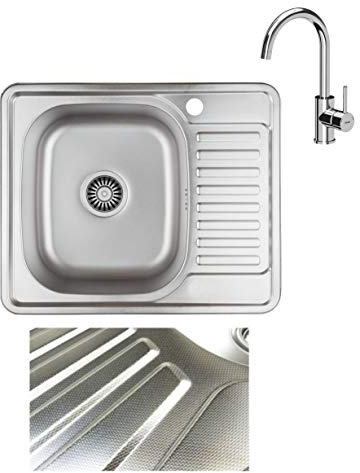 VBChome Inbyggd diskbänk med kran 58 x 48 linnestruktur från 45 underskåp rostfritt stål diskbänk handfat förvaringsyta dränering höger fyrkantig camping avloppssats vattenkran krom