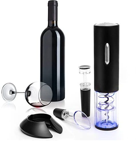 Moss & Stone Electric Wine Opener Set, Corkscrew Remover With USB Charging, Wine Bottle Opener with Wine Pourer, Foil Cutter & Vacuum Stopper, Automatic Wine Opener For Wine Lovers (Black)