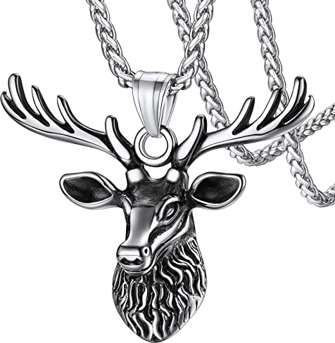 FaithHeart Edelstahl Hirsch Kette，Punk Stil Wikinger Hirsch Anhänger Kette，Punk Retro Tratenschmuck mit 55cm Weizenkette für Geburtstag Valentinstag