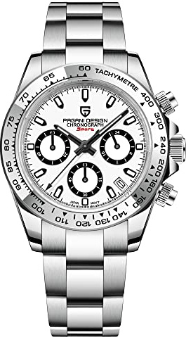 Pagani Design Herrenuhr Wasserdicht Chronograph Edelstahl Taucher 100M Saphir Spiegelband Kalender Uhr Herren Eisblau
