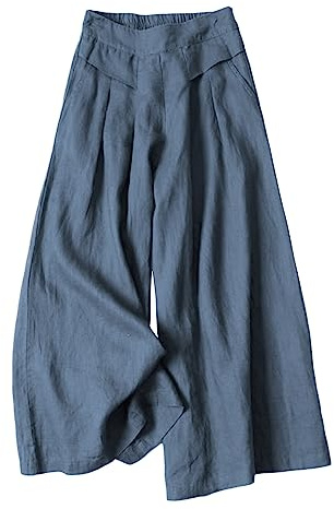Hooever Women's Cotton Linen Culottes Pants Elastic Waist Wide Leg Palazzo Trousers Capri Pant (Blue-L)