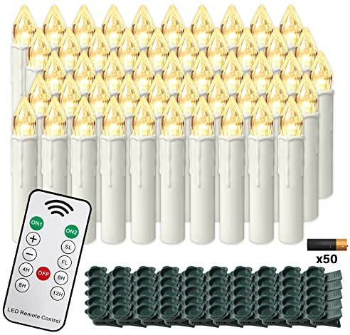 UISEBRT 50er LED Kerzen mit Fernbedienung Warmweiß Weihnachtskerzen Kabellos, Flammenlose Weihnachtsbaum Kerzen Lichterkette Kabellos mit Batterien Timer für Weihnachtsdeko, Party, Hochzeit