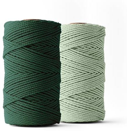 LEDENT Makramee Garn (3mm, 2 x 120M, Set 2 Farben, Eukalyptus & Dunkelgrün) - Doppelt gedrehtes Seil aus 100% Recycelter Baumwolle zum Basteln - Dickes Makramee Garn für kreative Projekte