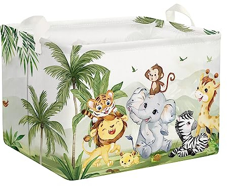 Clastyle Tropical Animal Baby Laundry Hamper Collapsible Clothes Kids Storage Basket Waterproof Boys Girls Toy Box for Nursery Room, Lion Elephant, 40x30x30 cm