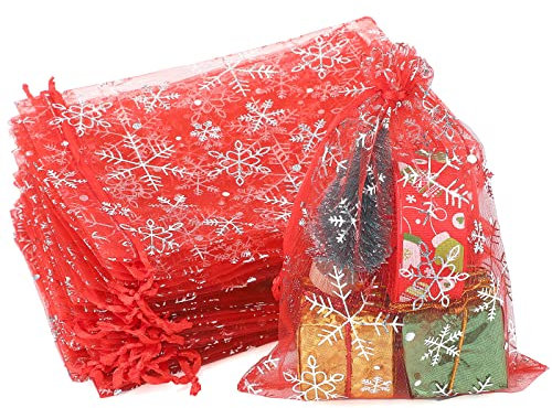 jijAcraft Organzasäckchen Weihnachten Groß, Weihnachten Organza Beutel 13 x 18 CM Rot, 50 Stück Schneeflocke Organza Beutelchen mit Kordelzug, Bonbons Geschenk Schmuckbeutel