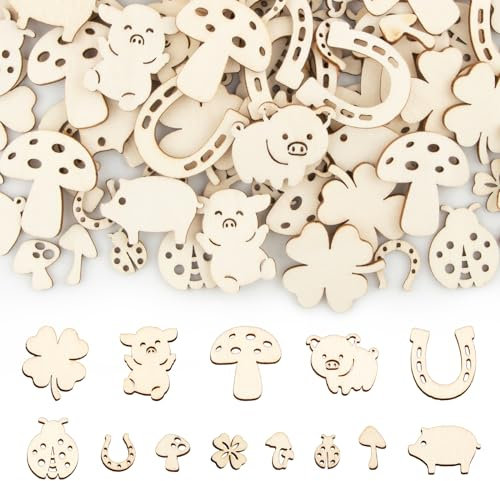 BETESSIN 100 Pezzi Legno Addobbi Ciondoli Pendenti Portafortuna Maiale Quadrifoglio Coccinella Fungo Pezzi Legno Decorativi Portafortuna per Scrapbooking Decorazione