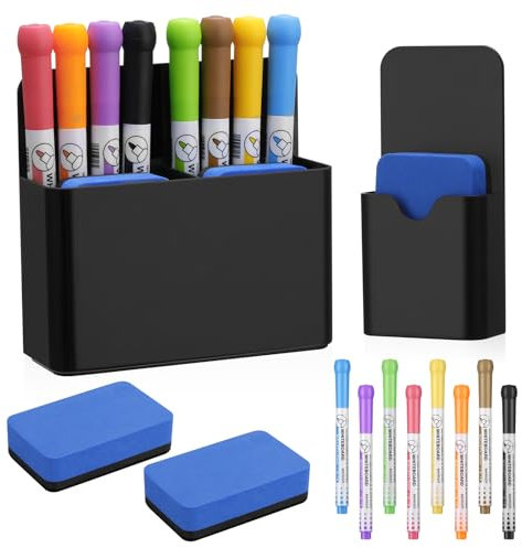 Vyuwast 12 Stück Whiteboard Zubehör, 2 Magnetische Stifthalter mit 2 Whiteboard Schwämmen und 8 Whiteboard Markern, Ideal für Schule, Büro und Metalloberflächen