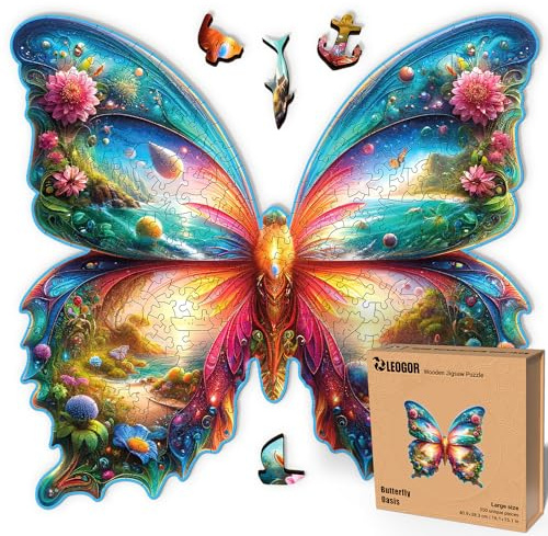 LEOGOR Butterfly Oasis Holzpuzzle für Erwachsene 350 Teile 40.9 x 38.3 cm Premium 5mm Dickes Holz Lebendige Schmetterling Landschaft Kunst Kreatives Geschenk Familie Achtsamkeit Deko