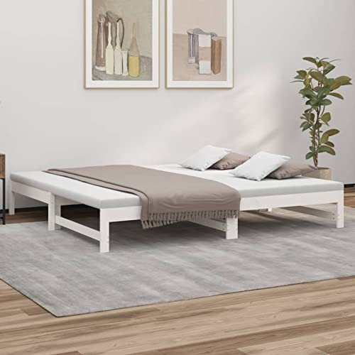Rantry Tagesbett Ausziehbar Ausziehbett Bettsofa Sofabett Schlafsofa Bettgestell Holzbett Gästebett für Schlafzimmer Wohnzimmer Weiß 2X(90x200) cm Massivholz Kiefer