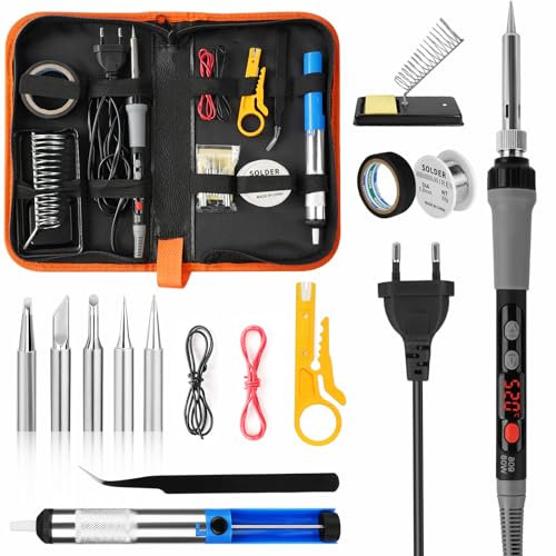 Flintronic Lötkolben Set, 80W LCD Lötkolben mit Ein/Aus Schalter, Einstellbar Temperatur 180-520°C, 10g Lötdraht 5 Lötspitzen, Entlötpumpe, Lötkolbenständer, Pinzette, Lötset für Elektrische Arbeiten