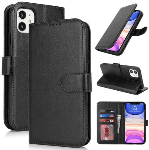Zouzt Hülle für iPhone 11 (6,1), Premium PU Leder, Schwarz | Handyhülle mit Kartenfächern, Magnet Klapp Schutzhülle, Stoßfeste TPU-Innenhülle, Frauen Männer, Leather Wallet Phone Case