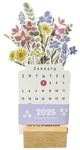 Bloomy Flowers Tischkalender – Monatlicher Tischkalender Mit Blumenmotiv – Kalender Mit Holzsockel – 2025 Kreativer Blumenkalender, Abnehmbarer Tischkalender Für Zuhause