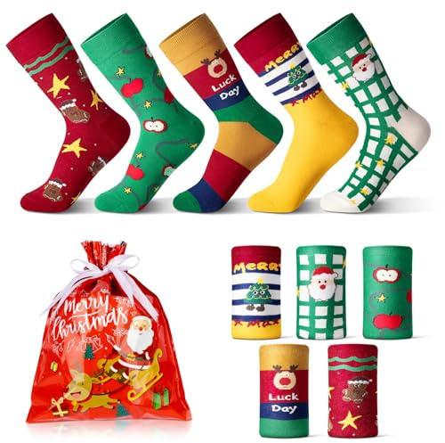 Likesing 5 Pezzi Calze Natalizie Donna Uomo con Sacchetti Regalo Natale Calzini Termiche Colorati Calze Caldo Cotone Calzini Divertenti Termici Invernali Calzini Caldi Fantasia Simpatiche Calze