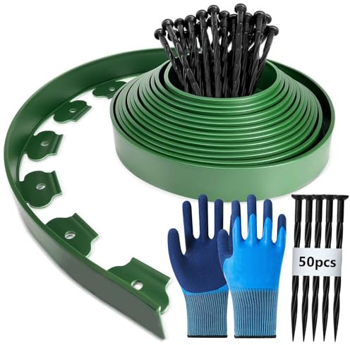 Bordure Jardin Exterieur Flexible, 10m Bordure de Jardin Flexible Con 50 Piquets et 1paire Gants, Bordure Jardin Plastique, Bordurette de Jardin Flexible, 5cm Haut Bordure Jardin pour Jardins - Vert