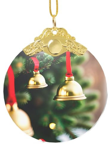 ETASUIOL Pendentif rond en verre avec motif arbre de Noël et cloches - Élégant pendentif rond en verre avec chaîne pour les fêtes et les anniversaires, taille unique