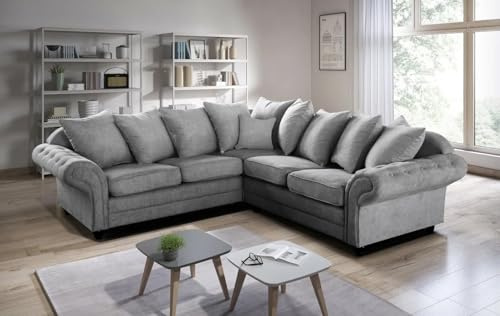 Rosemont Furniture - Nicole Chesterfield Corner Sofa 3 Seater 2 Seater Black Grey Cream Fabric Chenille (Grey, Corner Scatterback)