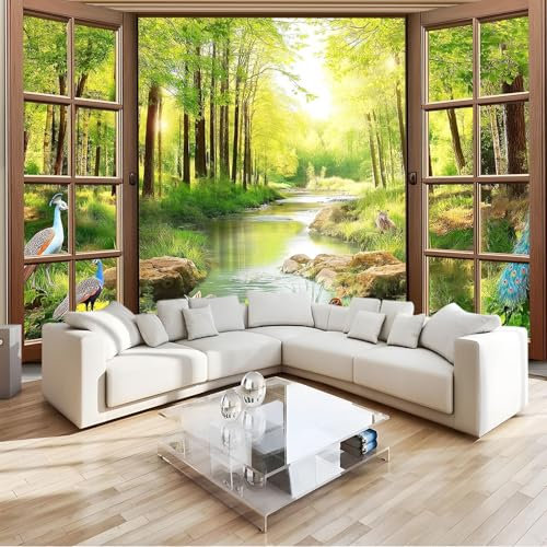 Photo murale 250 x 175 cm Fenêtres simulées en 3D - Papier peint non tissé pour enfants et adultes - Forêt et animaux Image panoramique Déco Maison Chambre