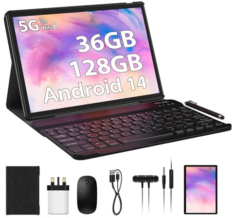 LINROM 10 Inch Android 14 Tablet with 5G WiFi & WiFi 6, 36GB RAM+128 GB ROM(1TB Expandable), Octa Core, 8000mAh, 5MP+8MP, FHD, WLAN, Bluetooth, GPS, Tablet with Keyboard ect (Gray)