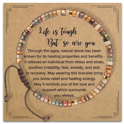 Onperpoe Natural Stone Adjustable Beaded Bracelets, Friendship Bracelet, Healing Bracelets for Women Yoga Meditation Birthday Gifts Inspirational Cards Life is Tough But So are You Anxiety Bracelet