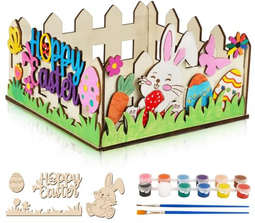 BOFUNX Cestino Pasqua Bambini Kit di Pittura Artigianale in Legno Regali Pasqua Fai da Te Lavoretti Creativi Legno per Bambini DIY per Colorare e Dipingere