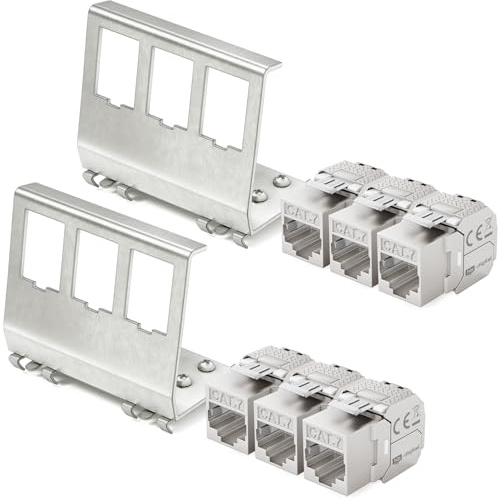 hb-digital Set: 6X CAT.7 Keystone RJ45 Modul + 2X Hutschienenadapter Metall Keystone-Halterung für Hutschiene 35mm Standard | RJ45-Jack geschirmt Edelstahl LSA Montage Ethernet LAN Netzwerk Switch