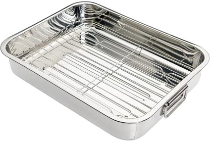 RAHAIM Stainless Steel Roasting Tin with Rack & Handles | Oven Roasting Tray for Chicken, Beef, Turkey & Vegetables | Deep Roasting Pan for Crispy Sunday Roasts | Dishwasher Safe (Small 27 x 20 cm)