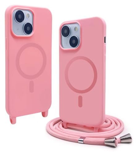 BGHHEU Magnetica Cover per iPhone 13 Mini con Cordino,[Compatible con Magsafe],Custodia Silicone con Regolabile Collana Sottile Morbida Case,Rosa