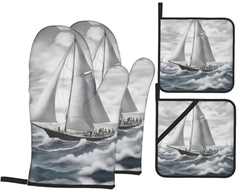 Mitaines De Cuisine Impression De Navigation Océanique Antidérapant Baking Gloves Professionnel Maniques Cuisine pour Grillade Barbecue Femmes,4 Pièces