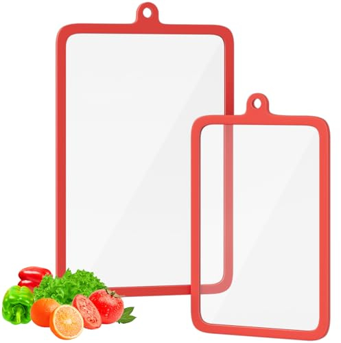Freshmage 2Pcs Tempered Glass Cutting Boards for Kitchen, Glass Cutting Board Set (15x10 & 12x8) with Non-Slip Silicone Edges and Hanging Hole, Clear Cutting Board for Countertop & Chopping