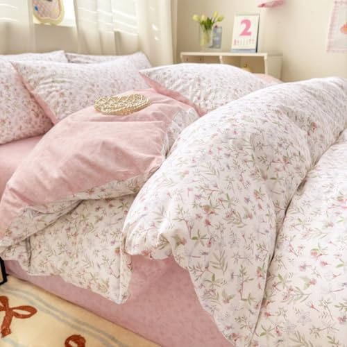 AShanlan Juego de ropa de cama con flores 155x220, algodón, blanco, rosa, estampado floral, hojas, juego de sábanas con cremallera, 2 piezas, funda nórdica reversible y funda de almohada 80x80 cm