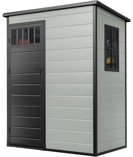 DWVO 5x3FT Outdoor Storage Shed with Fence-Style and Side Windows, Floor, Lockable Doors, Plastic Storage for Backyard and Garden, Blue-Gray