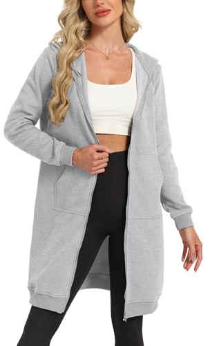Timuspo lång huvjacka för kvinnor, mjuk och lös sweatjacka, enfärgad, dragkedja, huvtröja, överdimensionerad varm tröja, jacka, huvtröja med fickor, GRÅ, L