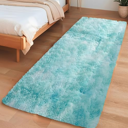 Insun Flauschig Hochflor Teppich Wohnzimmer, Waschbarer Carpet rutschfest, Shaggy Läufer für Schlafzimmer Flur Batik Optik Blau 90 x 150 cm