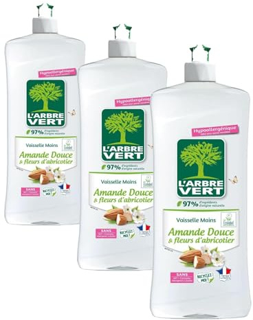 L'Arbre Vert Vaisselle Mains Ecolabel Amande Douce & Fleurs D'Abricotier - Hypoallergénique - 97% d'ingrédients d'origine naturelle - 750mL (Lot de 3)