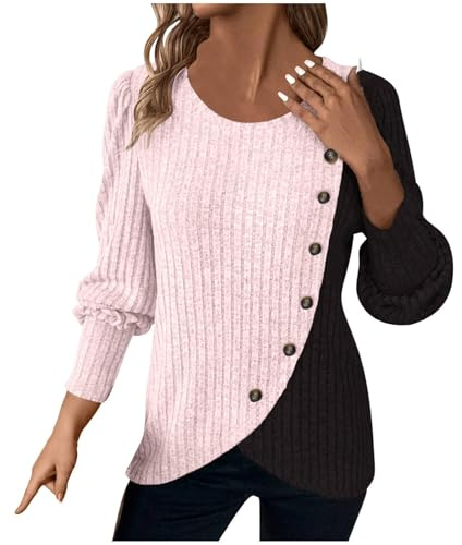 KUIH Tunic Tops for Women UK,Ladies Jumpers Knitted Crew Neck Long Sleeve Tops Jumper Casual Blouses Buttons Side Front Slit Sweatshirt Pullover Sweaters Spring Autumn Winter Clothes Pink