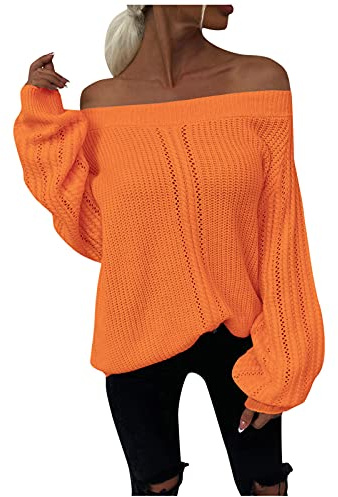 Generisch Jersey de punto para mujer con hombros descubiertos, color liso, holgado, manga larga, cuello de una palabra, túnica sin espalda, naranja, S