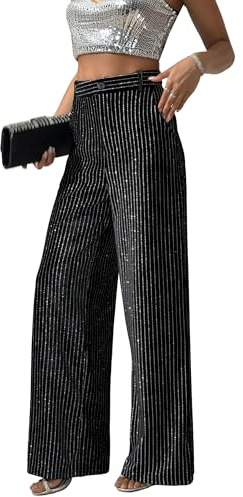 Fakanhui Women's Velvet Glint Striped Pants Fall Thick Wide Leg Trouser Shiny Sparkle Glitter Party Clubwear Black