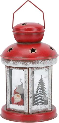 Lanterne de Noël Décorative, Rouge, Métal et Verre, Design Vintage avec Motifs Père Noël et Sapin, Porte-Bougie avec Étoiles, pour Intérieur et Extérieur