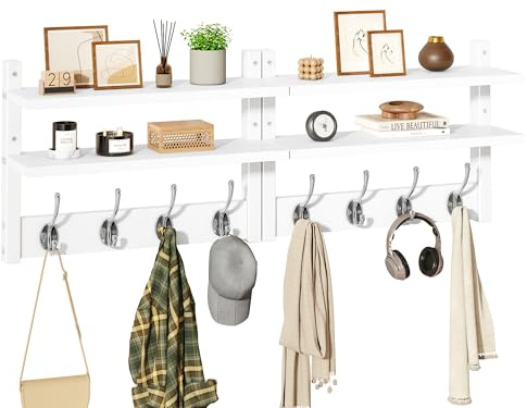 YMYNY Coat Hooks Wall Mounted with Shelf, Two-Tier Coat Rack Wall Mounted with 8 Hooks, Wooden Wall Coat Rack for Entryway, Bedroom for Hanging Clothes/Keys/Hats/Towels, White, HWS009W-2