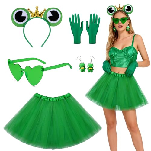 IWTBNOA Disfraz de rana para mujer, disfraz de príncipe rana para adultos con diadema de rana, pendientes, falda tutú, gafas de sol de corazón verde, guantes, disfraz de rana para carnaval, fiesta