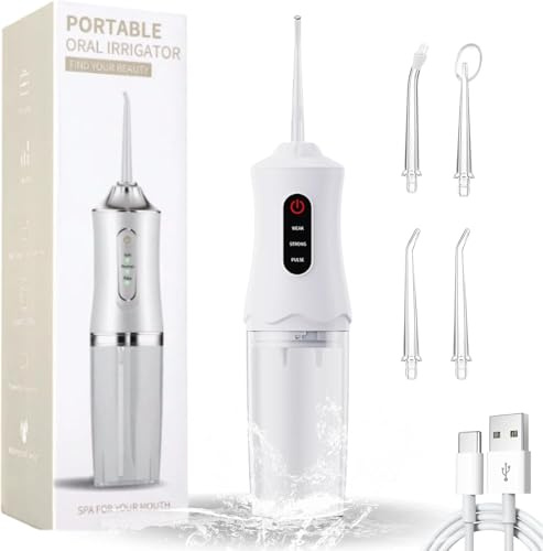 Idropulsore Dentale Portatile Pulizia Denti Rimuovi Tartaro, Water Flosser, Irrigatore Orale Senza Fili, Wasserdicht und Wiederaufladbar 4 Düsen 1 Ladekabel Geeignet für Reisen