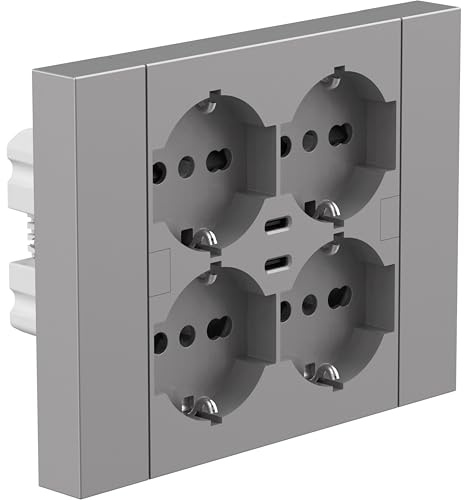 Electraline 22137 Multipresa da incasso Quadra 4 Posti Universali P40 + 2 USB-C, compatibile con tutte le scatole da incasso 3 posti (muratura o cartongesso), Titanio