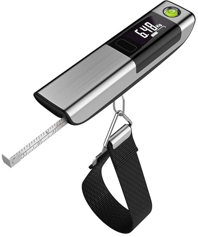 Bearware - Kofferwaage digital inkl. Maßband 1m - mit Haken und Wiegeband – Ausziehbares 1 Meter Maßband - Integrierte Wasserwaage - LCD Display – bis zu 50 kg – für Reisen – Gepäckwaage, Hängewaage