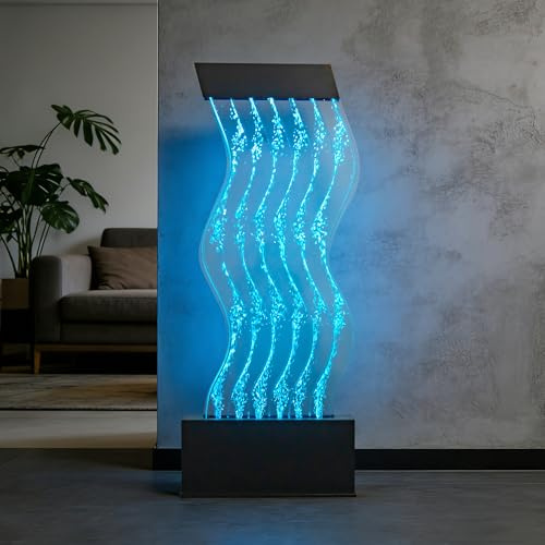 48'' Tall S-Curved Floor Standing Bubble Wall with Color-Changing LEDs, App & Remote Controlled Acrylic Water Display for Cafés, Bars, Lobbies, Offices & Commercial Interiors