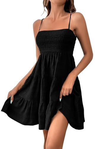 HOOUDO Dresses for Women UK Spaghetti Strap Casual Sleeveless A Linen Mini Dress Bandeau Tube Boho Sun Dresses Plain Beach Wear Cover Ups Black