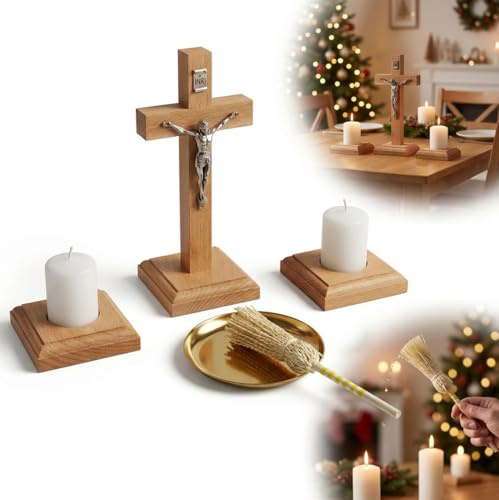 STECKER SET Buche 7tlg. Holz Kreuz Kerzen Weihnachtslied gold