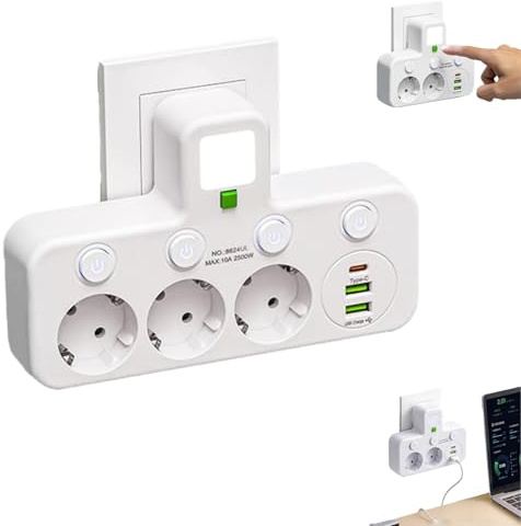 Trådlöst grenuttag, med nattlampa multifunktionell adapteruttagslist, enkel strömbrytarkontroll, 2/3/4/5 kortplatser 1 Type-C 2 USB-port (3 uttag, vit)